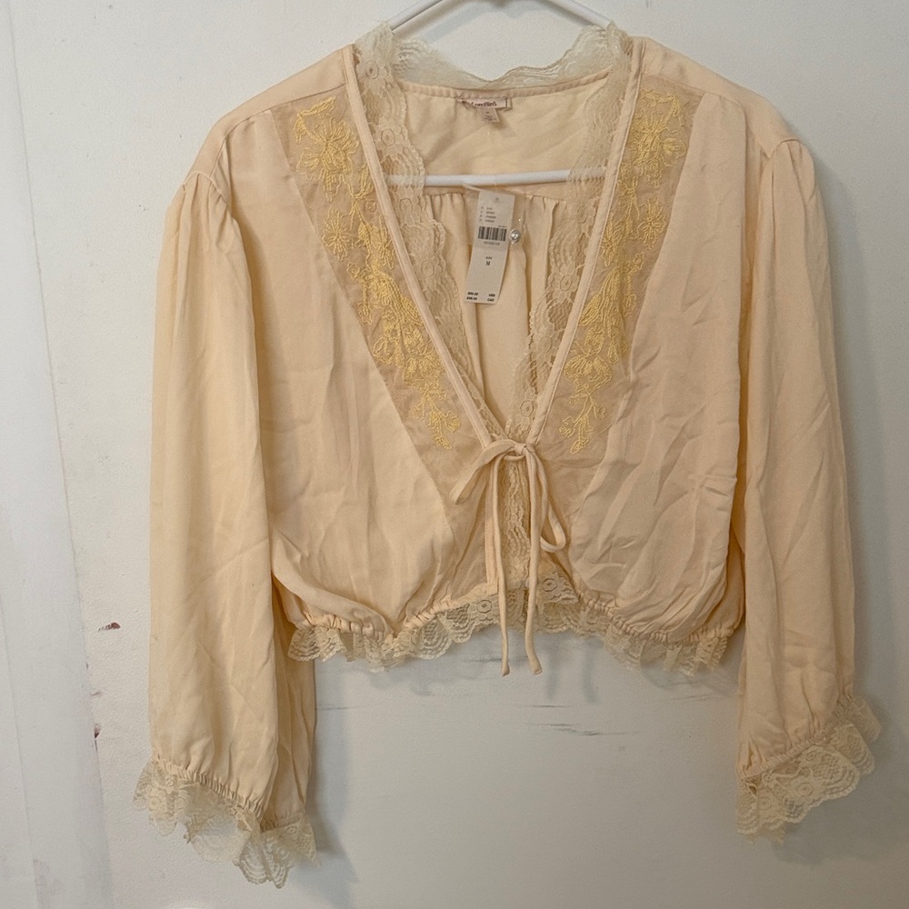 Anthropologie Cream Lace-Trim Cropped Blouse with Yellow Embroidery
